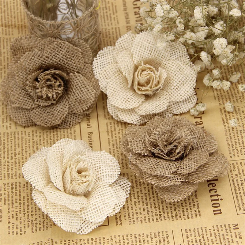 

Handmade Jute Hessian Burlap Flowers Rose Shabby Chic Rustic Wedding Decoration Table Christmas Party DIY Supplies