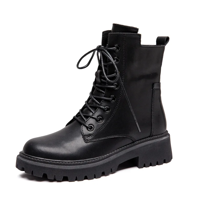 Leather Women's Boots Women Thick-soled Thin Section Spring and Autumn New Single  Breathable Short  Wild Tide