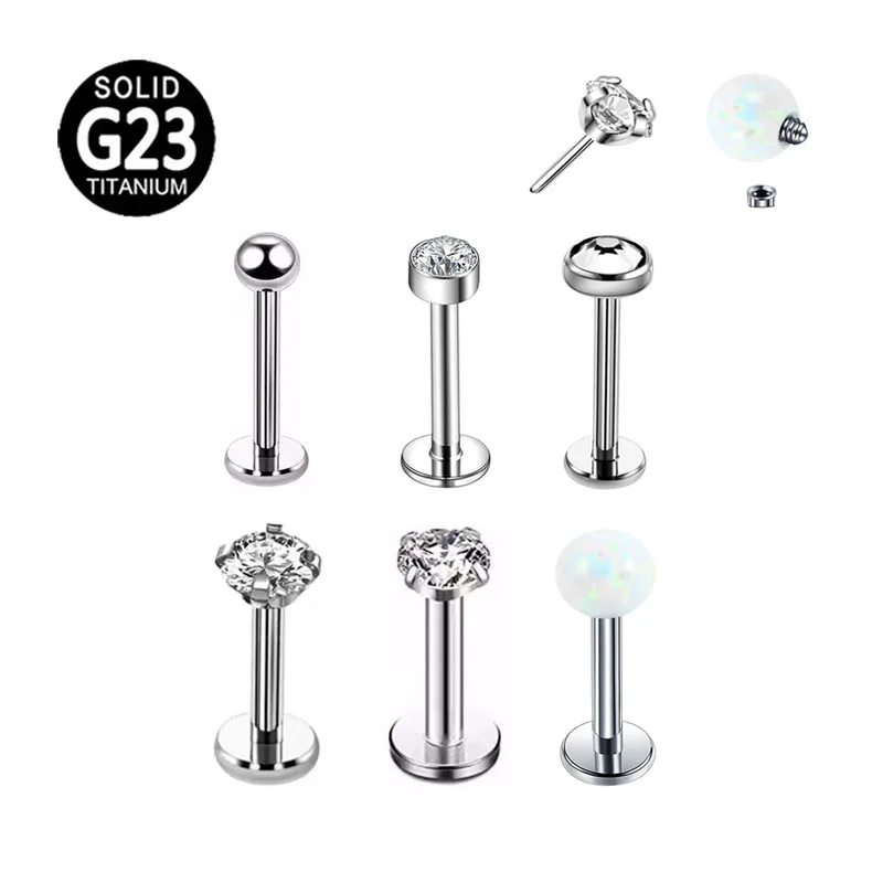 

200pcs/Lot G23 Titanium Zircon Crystal Opal Labret Studs Internal/External Thread Daith Earrings Push Pin Lip Piercing 16G
