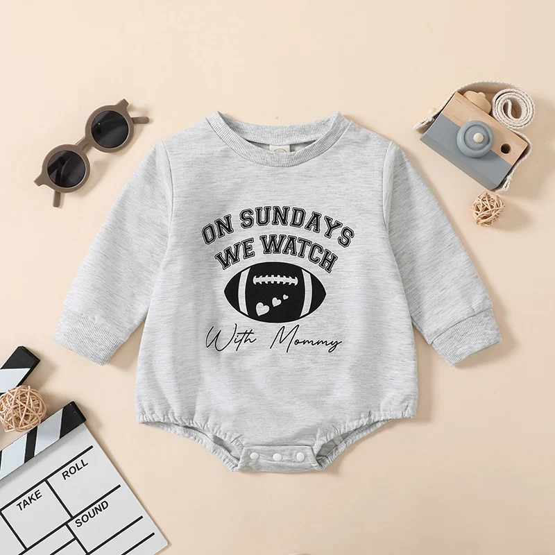 

Autumn Baby Girls Boys Long Sleeve Romper Gray Long Sleeve O Neck Letter Rugby Print Romper Sweatshirt Bodysuits For Infant
