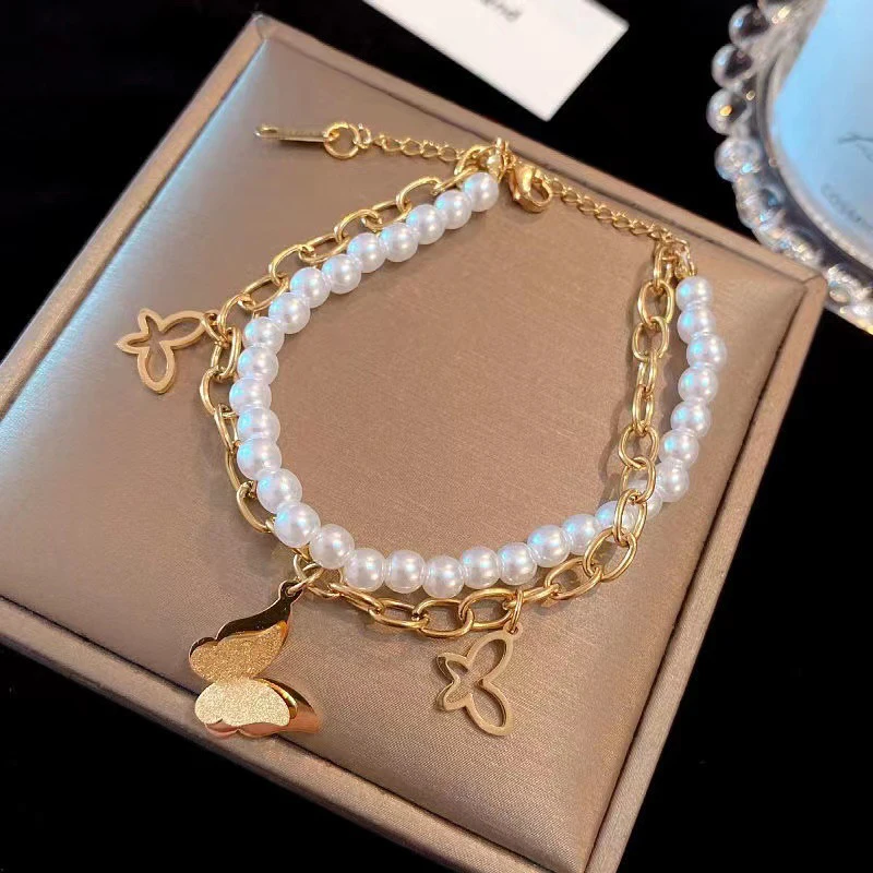 

2022 Summer New Bohemian Double Layer Titanium Steel Women's Bracelets Butterfly Pearl Ins Tassel Bracelet Women's Boho Jewelry