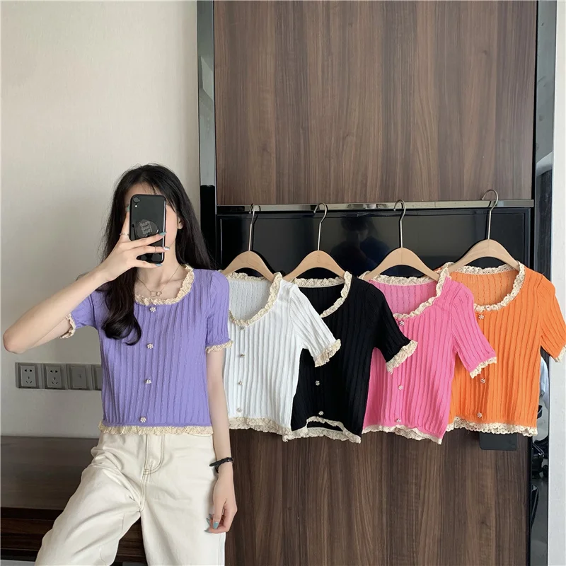 Knitted Blouses Kawaii Tshirt Crop Tops Y2k Short Sleeve Summer Solid Black Purple Mujer Camisetas Pullover Woman Goth Clothes
