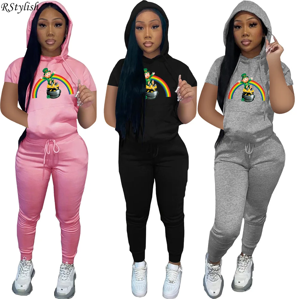 

RStylish Summer Clothing Womens Two Piece Sets Short Sleeve Hooded Sweatshirt Joggers Pants Fashion Tracksuits Casual Outfits