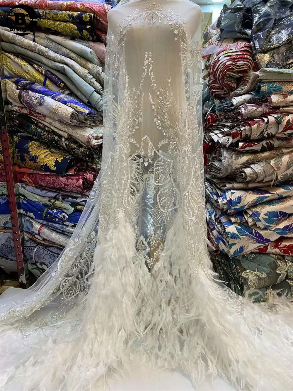 Розовая африканская кружевная ткань с 3D перьями Высококачественная вышивка