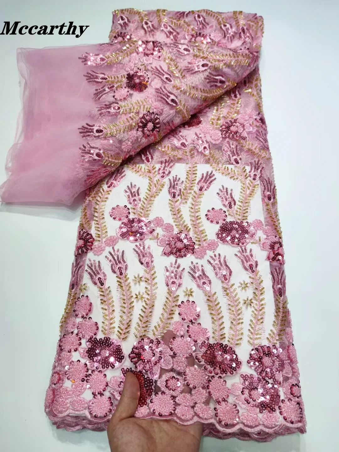 

Mccarthy Luxury Pink Handmade Beaded French Lace Fabric 2022 Heavy Embroidery African Sequins Lace Fabric With Beads For Wedding
