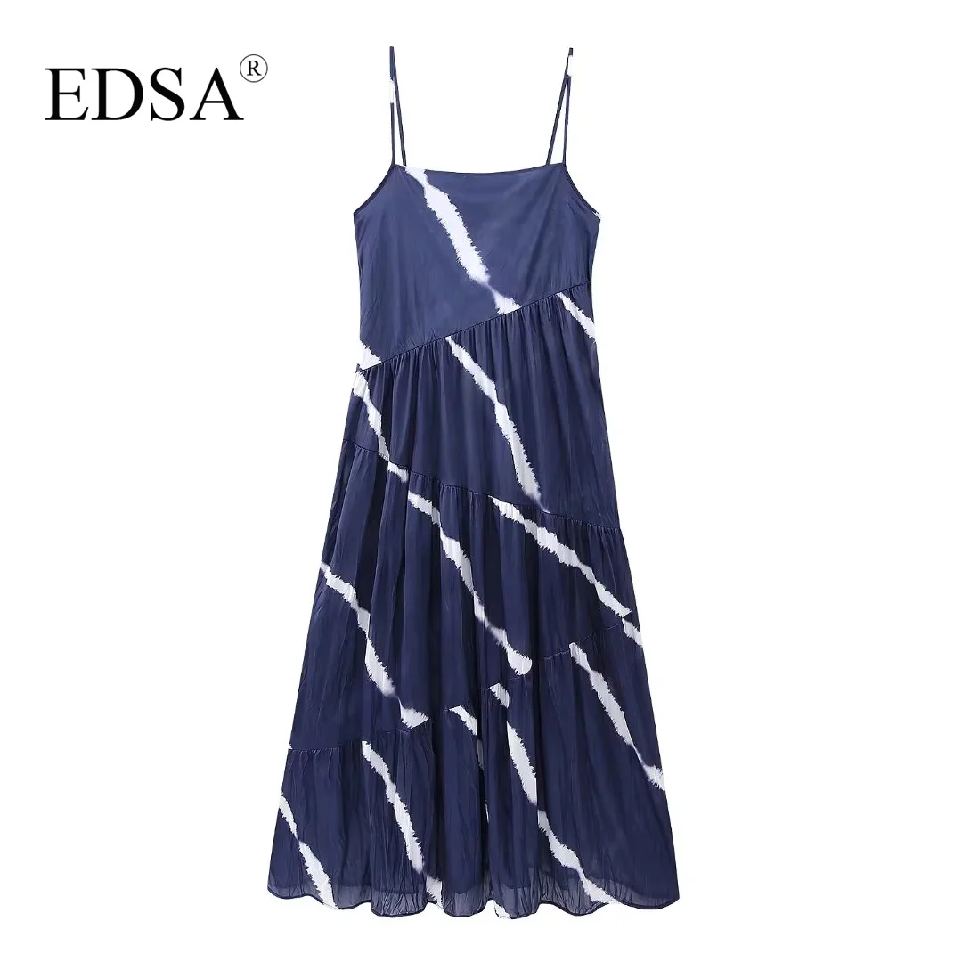 

EDSA Women Elegant Creased-effect Tie-dyed Midi Dress Satin Straight-cut Neckline Thin Straps Long Dresses Backless Beach Style