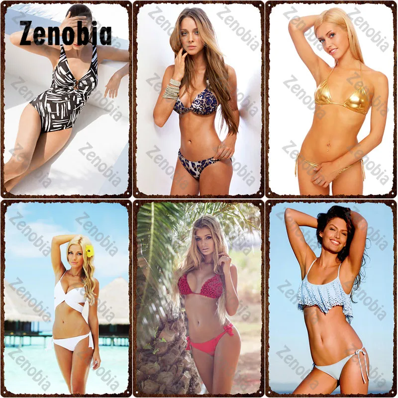 

Sexy Metal Poster Woman On Vacation Outdoors Iron Painting Metal Signs Tin Signs Bikini Girls Vintage Plaque Beach Bar Pub Decor