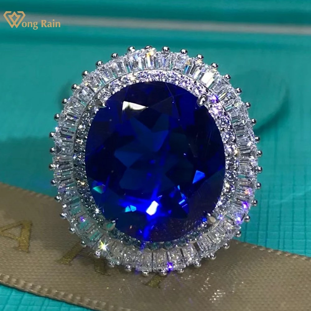 

Wong Rain Classic 925 Sterling Silver VVS 15 CT Oval Sapphire High Carbon Diamond Gemstone Wedding Engagement Ring Fine Jewelry