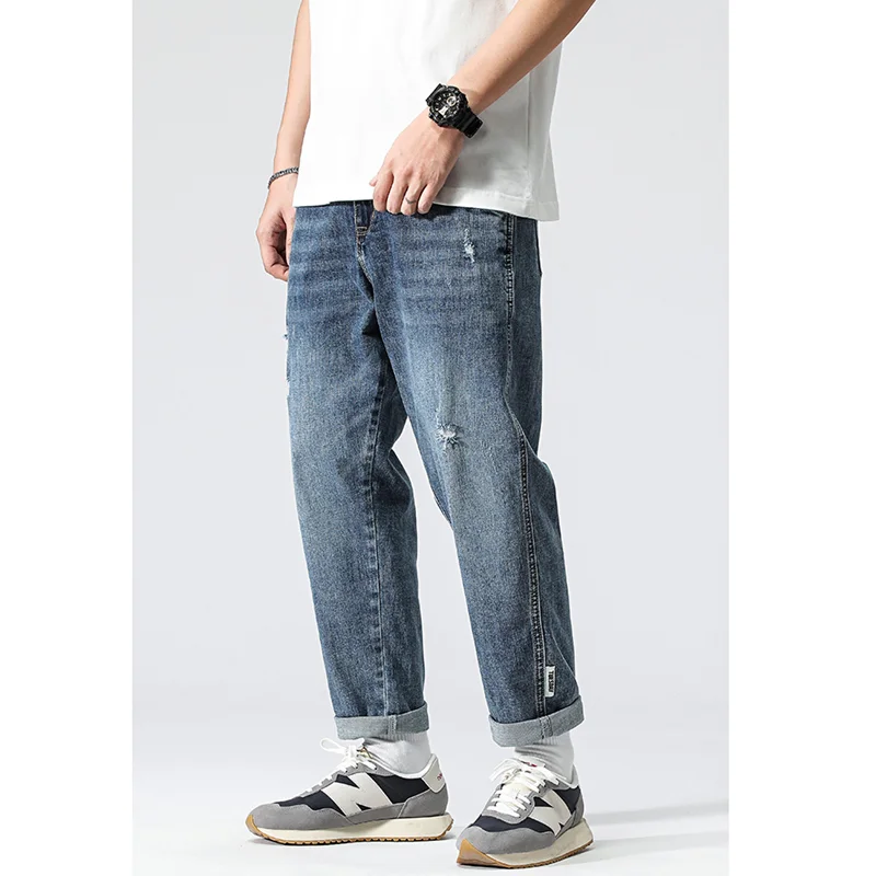 Streetwear Men New Pattern Vintage Recreational Blue Pants American Straight Cylinder Comfortable Loose Jeans 2022 Autumn Female