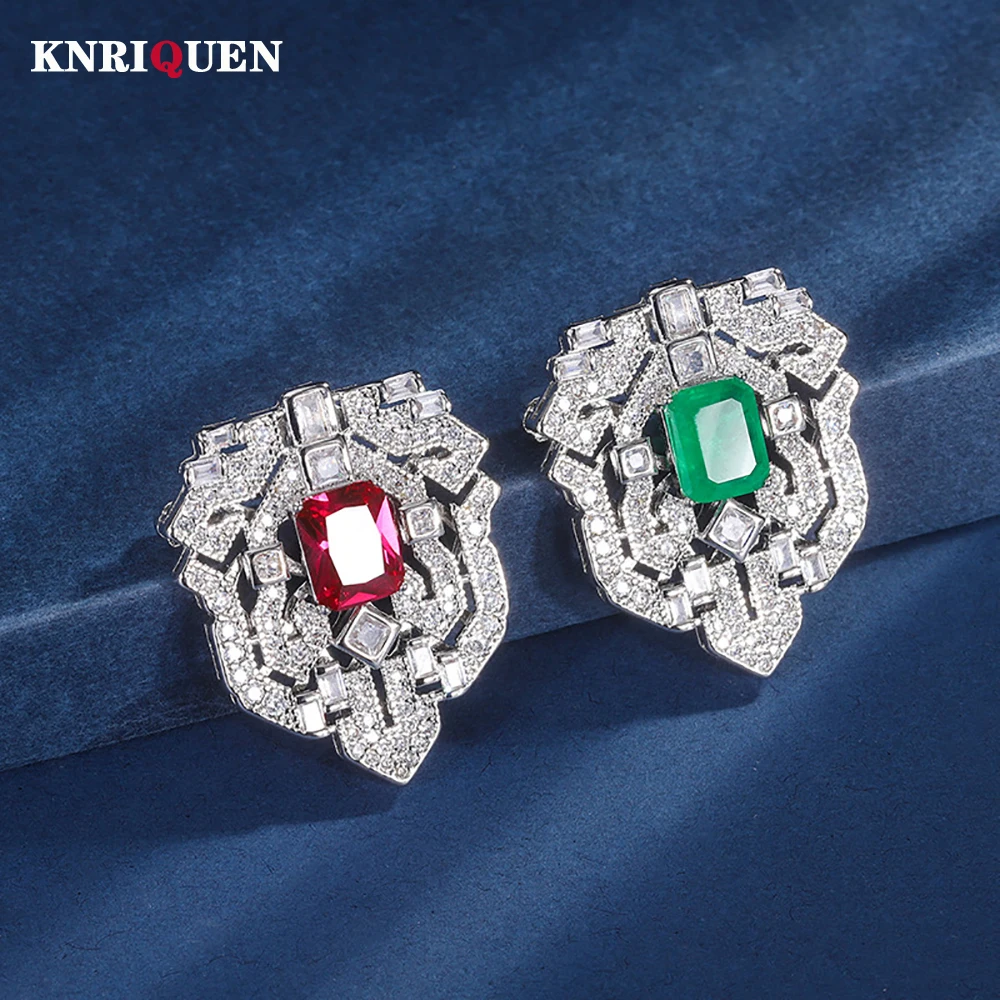 Luxury Trend 8*10mm Emerald Ruby Brooches for Women Vintage Gemstone High Carbon Diamond Wedding Jewelry Accessories Female Gift
