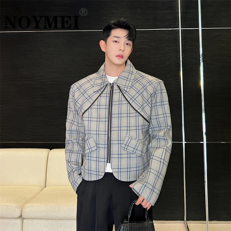 

NOYMEI Short Coat Plaid Zipper Fashionable Korean Style Autumn 2023 New Gray Casual Jacket Men's Long Sleeve Top Trendy WA2539