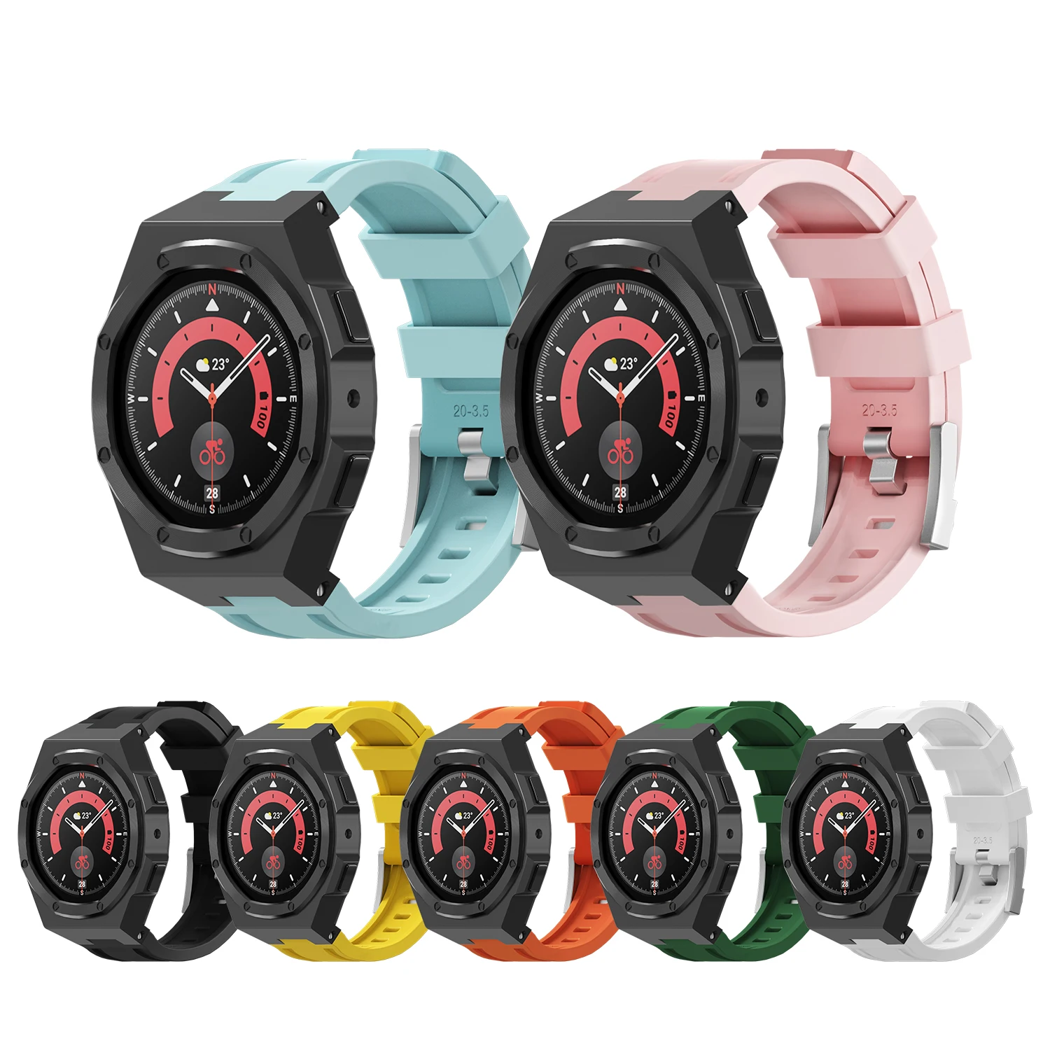 Stainless Steel Case Bezel For Samsung Watch 5 Pro 45MM Band Modification Kit for Galaxy Watch 4/5 44MM Silicone Rubber Strap