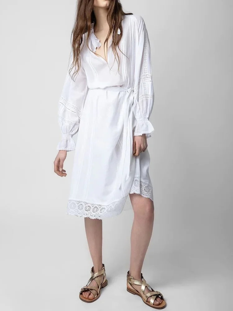 Women Dress Ruffled Lace Stitching White Long-sleeved Dress 2023 Spring and Summer New Style