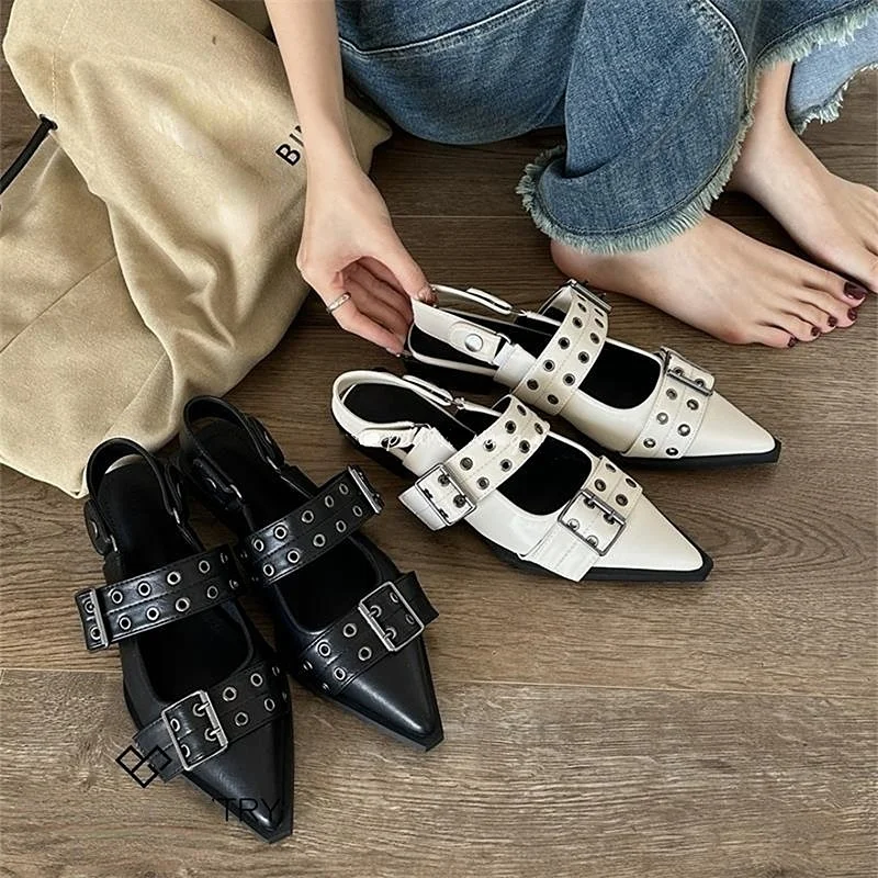

Designer High Heels Pointed Sandals Women Rivet Buckle Fashion Low-heeled Ladies Sandals Beach Shoes 2023 New Zapatos De Mujer