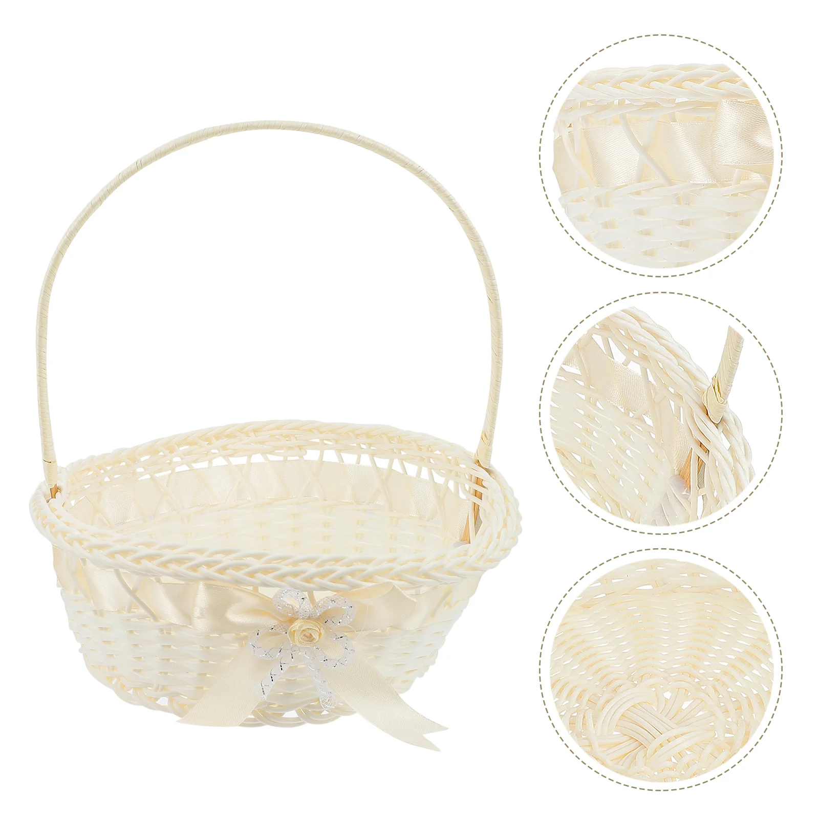 

White Wedding Flower Girl Basket Wicker Flower Basket with Bow and Handle Wedding Ceremony Decor Supplies