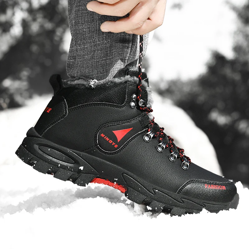New Black Waterproof Snow Boots Men Winter Shoes Warm Fur Trekking Boots Man Outdoor Sneakers Non-slip Men Leather Hiking Boots