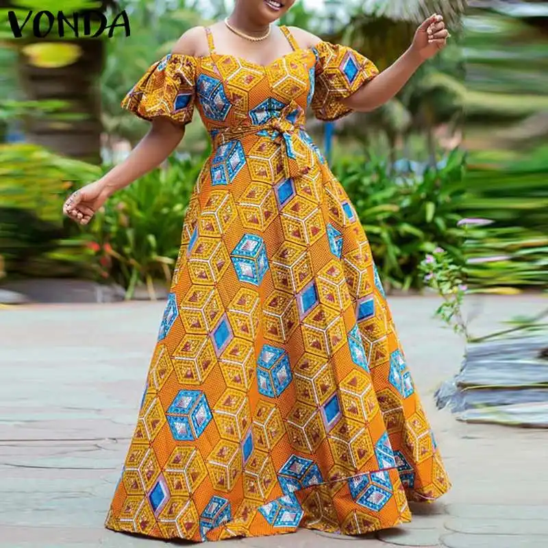 

Женское винтажное длинное платье-макси с принтом VONDA, лето 2022, повседневный мешковатый сарафан, длинное богемное платье-макси, мешковатое пл...