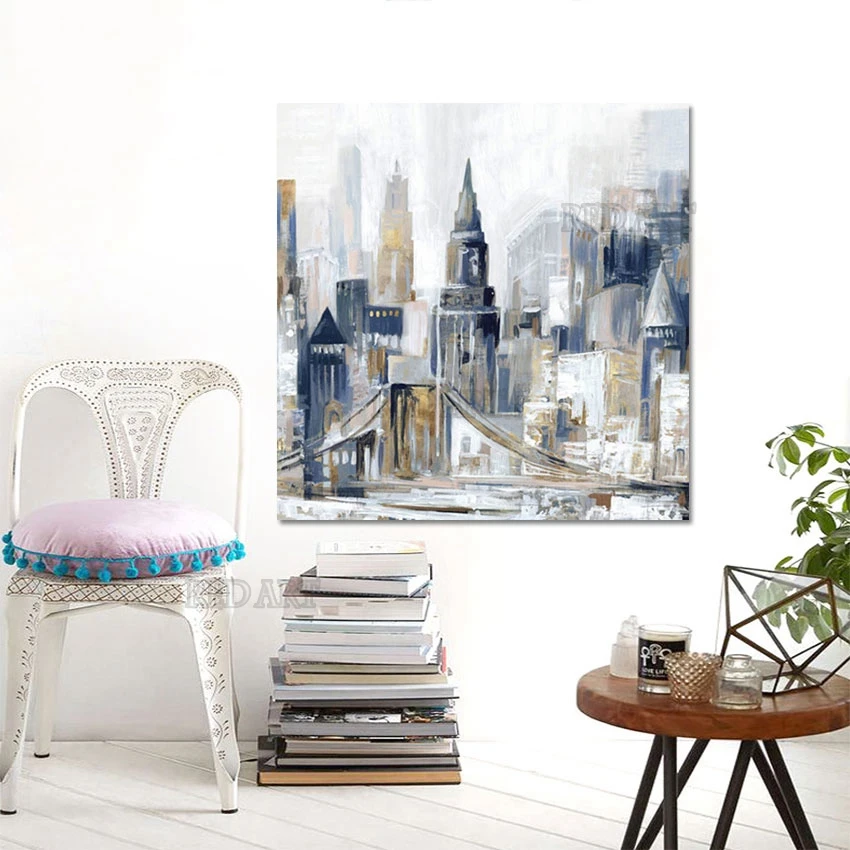 

Home Decor Abstract City Scene Building Bridge Picture Oil Painting Canvas Frameless Hotel Decorative Abstract Wall Poster Art