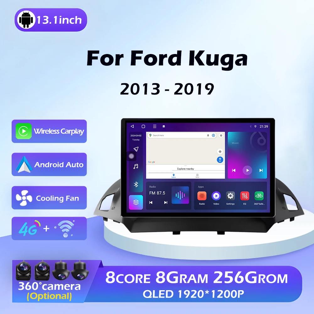 QLED 13 1-дюймовый экран беспроводной CarPlay Android автомобильный радиоприемник для Ford Kuga