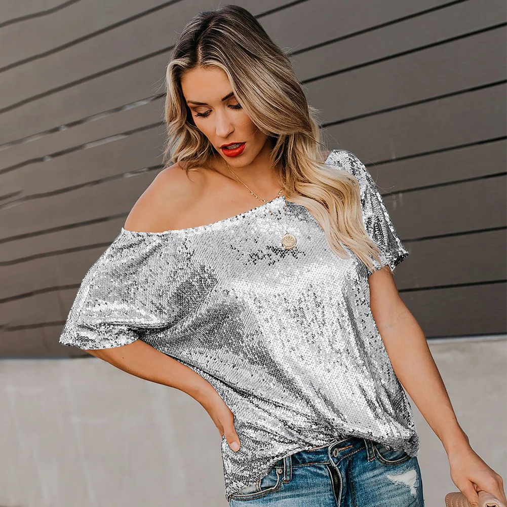 

Casual Women Sequin Pullover Ladies Fashion Off Shoulder Solid T-Shirt Club Loose Short Sleeve Breathable Tops M-XXL