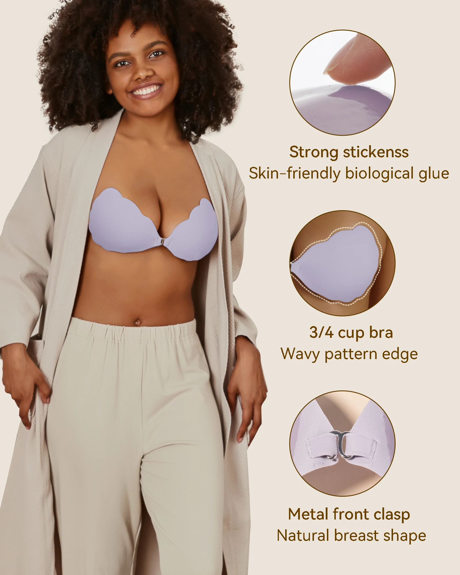 Niidor Sticky Bras Invisible Adhesive Push Up Reusable Strapless Bras for Women Backless Dress with Nipple Covers Wavy Pattern