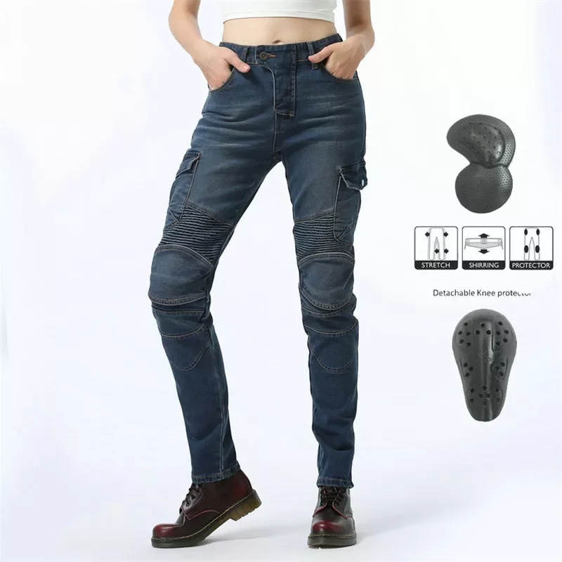 

Hot Sale Black Motorcycle Pants Green Moto Jeans Woman Boyfriends Motorcycle Leisure Women's Jeans Blue Riding High Waist Je