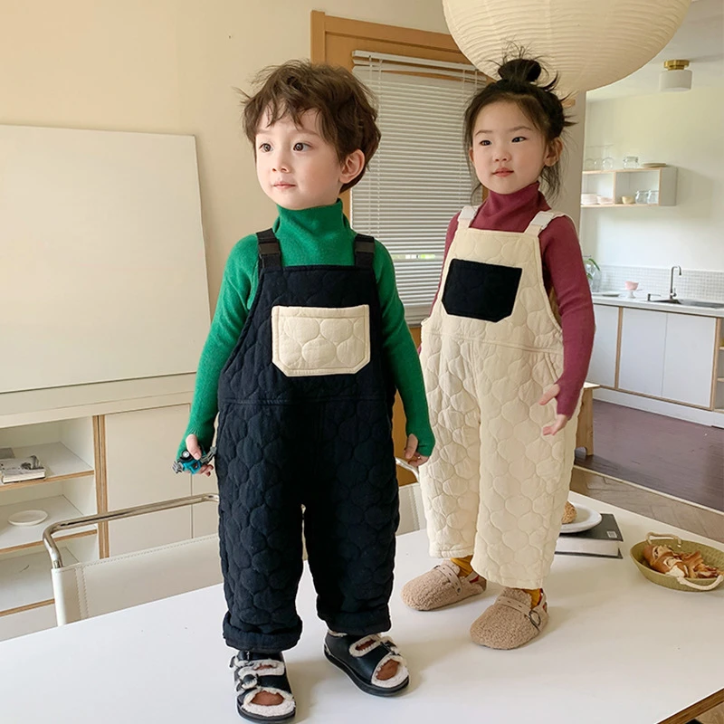 

Autumn Winter Kids cotton-padded overalls patchwork loose warm trousers Baby Kids plush velvet jumpsuits