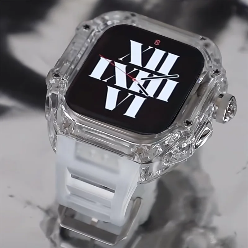 Transparent Mod Kit Case For Apple Watch 49mm 45MM 44MM Fluororubber Band For iWatch Series Ultra 8 7 6 5 4 SE Silicone Strap