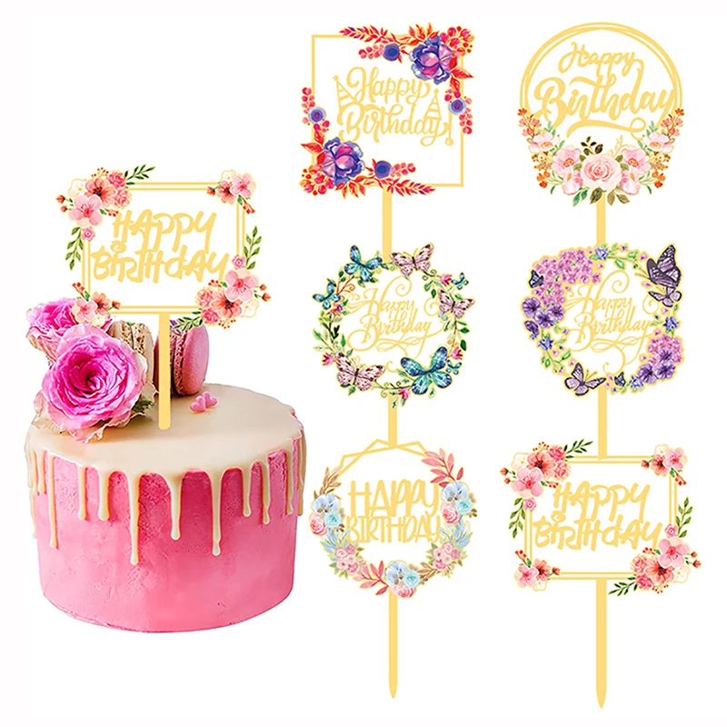 

Цветы, искусственное золото, акриловое зеркало, украшение для торта, новый день рождения, аксессуары для вечерние