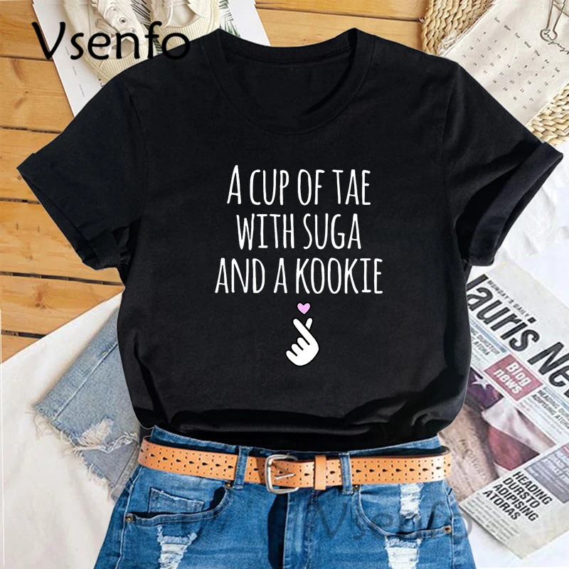 

A Cup of Tae with Suga and A Kookie Printed T-Shirt Women Korean Kdrama Idol Fashion Kpop Merch V Jhope Suga RM Jungkook Tee