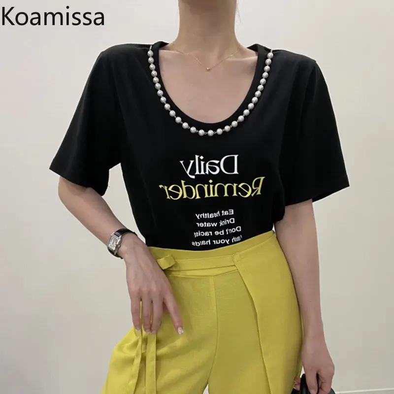 

Koamissa Fashion Beading T-shirt for Women Short Sleeves O-neck Femme Letter Print Tshirt Causal Loose All Macth Korean Tees Top