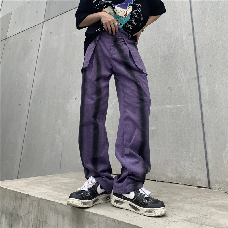 Retro Wave Striped Patchwork Washed Ripped Mens Denim Trousers Loose Straight Streetwear Casual Oversized Couple Jeans Pants