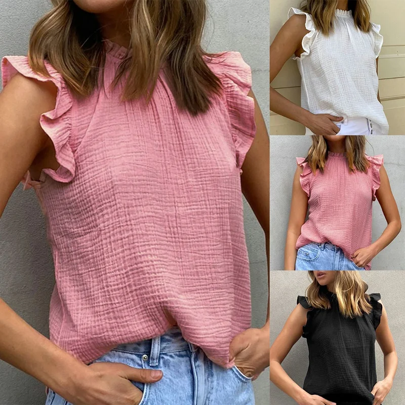 

ASDS-Women's Fashion Casual Side High Neck Ruffle Sleeveless T-Shirt Top