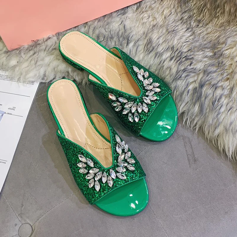 Sequined Rhinestone Slip-on Sandals for Women's Outer Wear Summer New Flat Open Toe Fairy All-match Mules