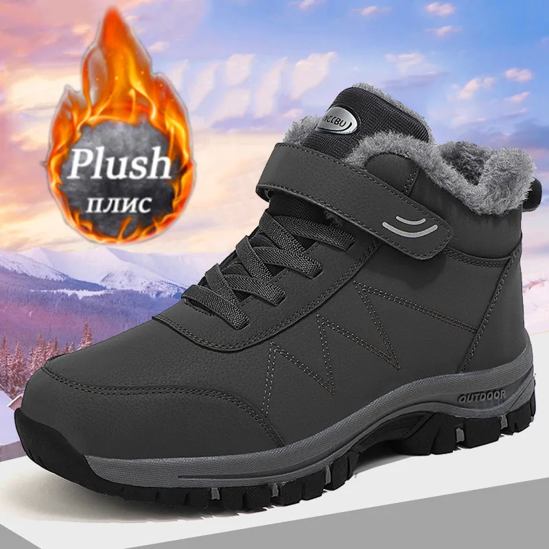 Women Boots Men Boots Winter Plush Leather Waterproof Sneakers Outdoor Warm Boots Unisex Climbing Shoes Lace-up Hiking Boots Man