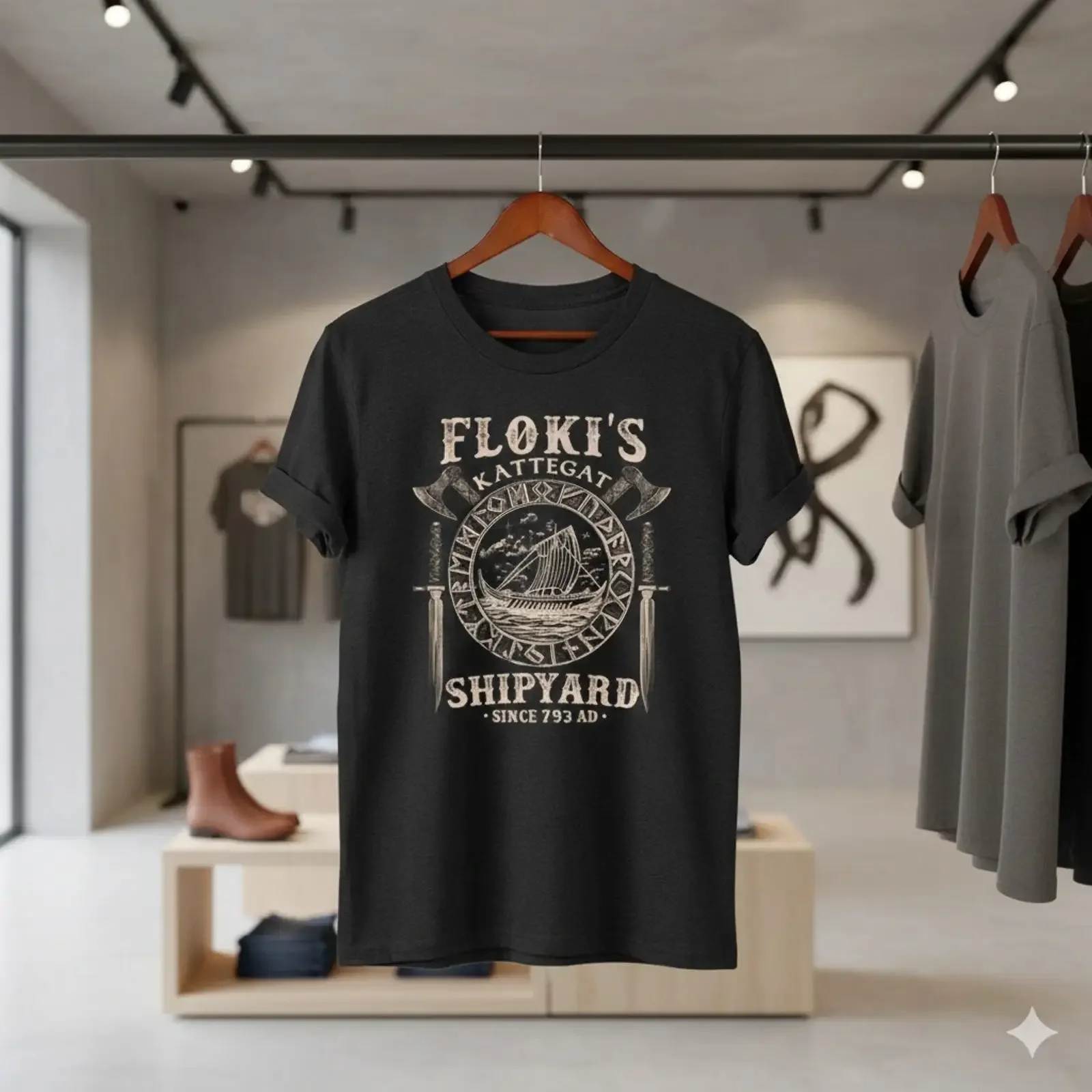 Фото Футболка Floki's Kattegat Shipyard Viking Norse Longship, черная, S225, винтажная, с эффектом потертости, комфортная, слегка дышащая, повседневная №1