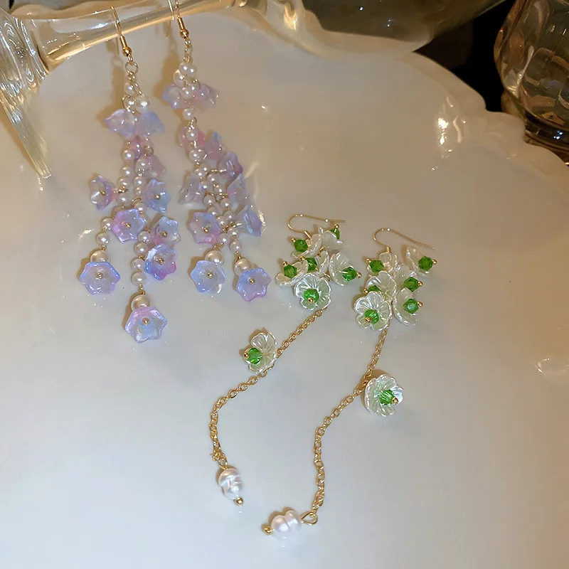

2022 Japan Korean New Trendy Acrylic Flower Crystal Tassel Long Earrings For Women Summer Jewelry Sweet Bijoux Earings