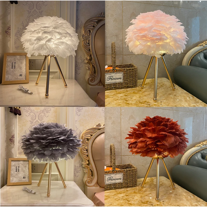 Touch Control Feather Table Lamp for Bedroom Rechargeable Warm Bedside Lamp Small Goose Feather Decoration Ins Girl Table Lamp