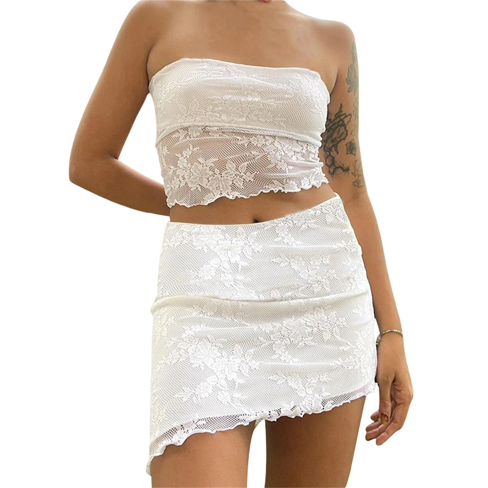 

Women Navel Exposed Tank Top Short Skirt Ladies Strapless Tube Top Micro Skirts Solid Color Sleeveless Cocktail Party Suit