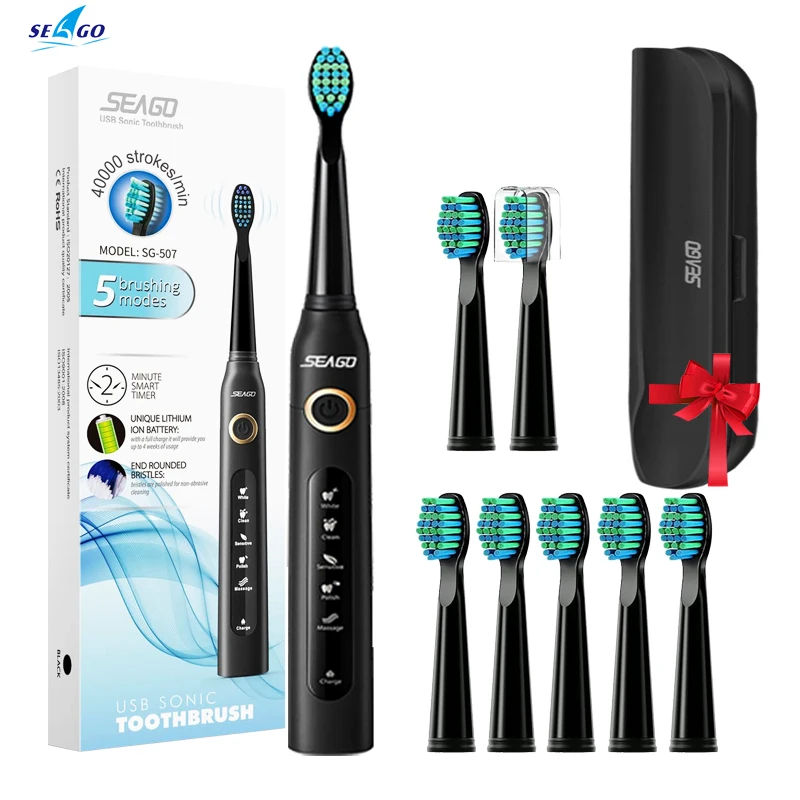 Seago Sonic Electric Toothbrush SG-507 Adult Timer Brush 5 Modes USB Charger Rechargeable Tooth Brushes Replacement Heads Set