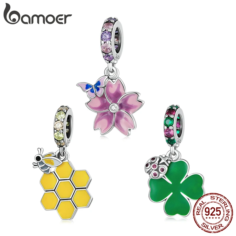 

BAMOER 925 Sterling Silver Butterfly Pink Flower Charm Honeycomb Bee Pendant Ladybug Four-leaf Clover Pendant for Bracelet Women
