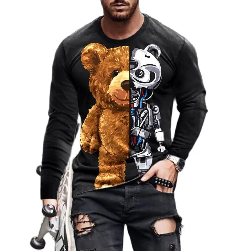 

Men's Casual Sports Tight 3D Printed Robot Bear Long SleeveT-Shirt Fashion Street Trend Youth Cotton Long Sleeve O-Neck Tee Tops