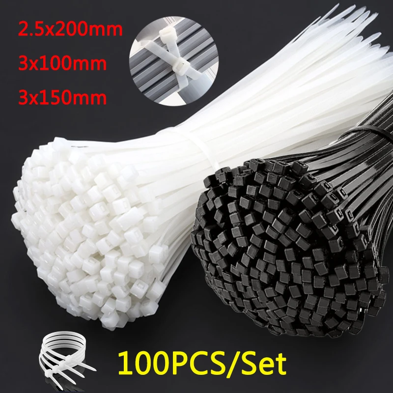 

100pcs Self-Locking Nylon Cable Ties Set 200mm Lenth Plastic Zip Loop Wire Wrap Zipper Cable Tie Fixing Ring Organizers