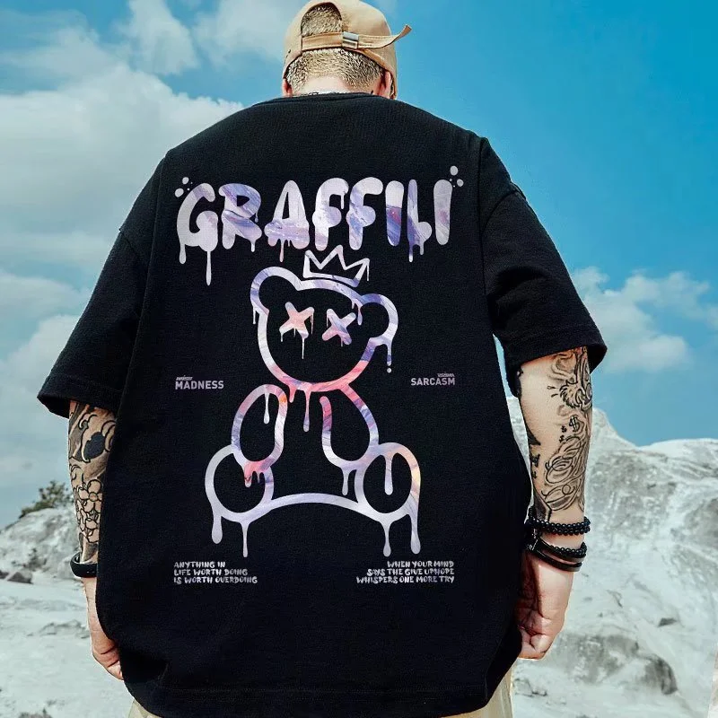 Harajuku Graffiti Bear Graphic T shirts For Men Oversized Tees 2022 Man Casual Short Sleeve Tshirt Couples Loose y2k Tops 5XL