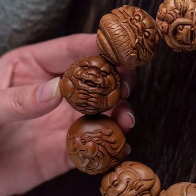 Authentic Indian Old Sandalwood Beads Bracelet Longsheng Jiuzi Beads Handmade Carved Old Materials Sandalwood Beads Bracelet
