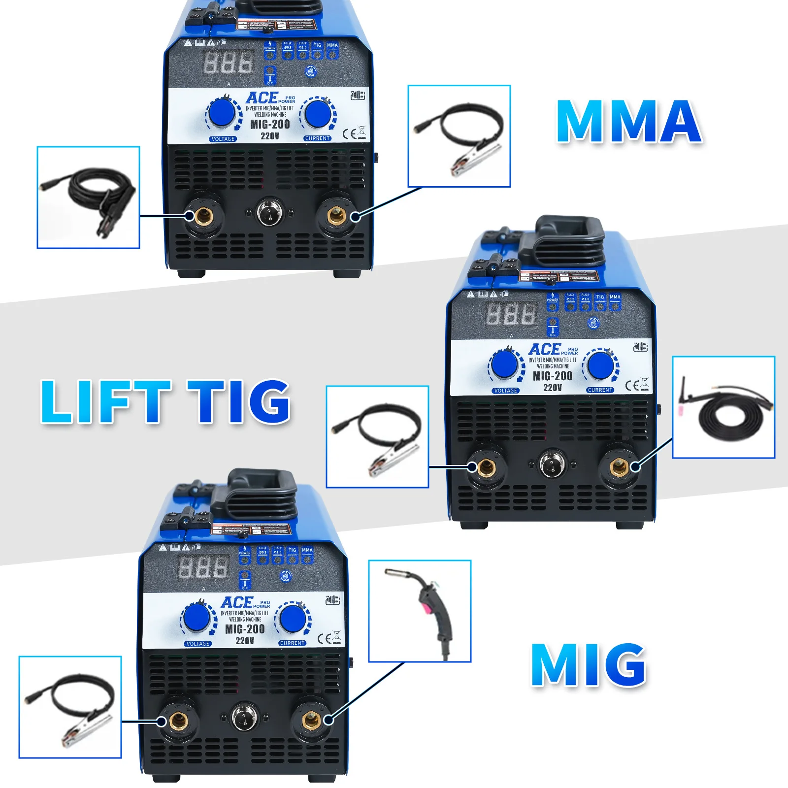 AcePower MIG-200 MIG Сварочные аппараты MMA Lift TIG 3 в 1 инверторный полуавтоматический