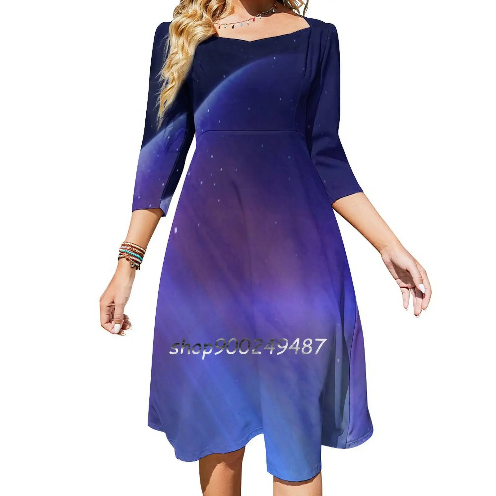 

Secrets Of The Galaxy Square Neck Dress Sweet Summer Dress Women Elegant Halter Print Dress Space Galaxy Planet Sun Light Blue