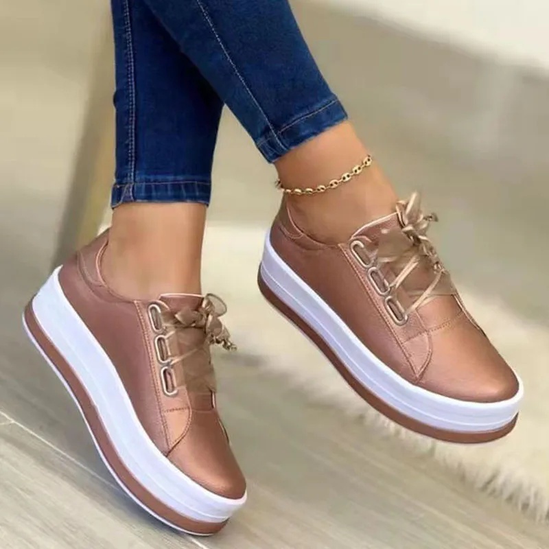 

Woman Leather Thick Bottom Sneakers Platform Lace Up Shoes Female Gold Silver Flats Leisure Shoe Big Size 35-43 Zapatos De Mujer