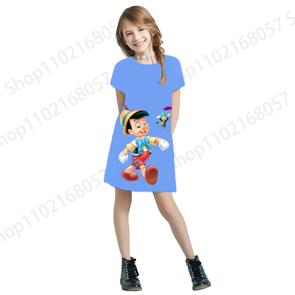 

3D printing Disney puppet tight skirt summer new short-sleeved round neck children's A-line skirt casual dress