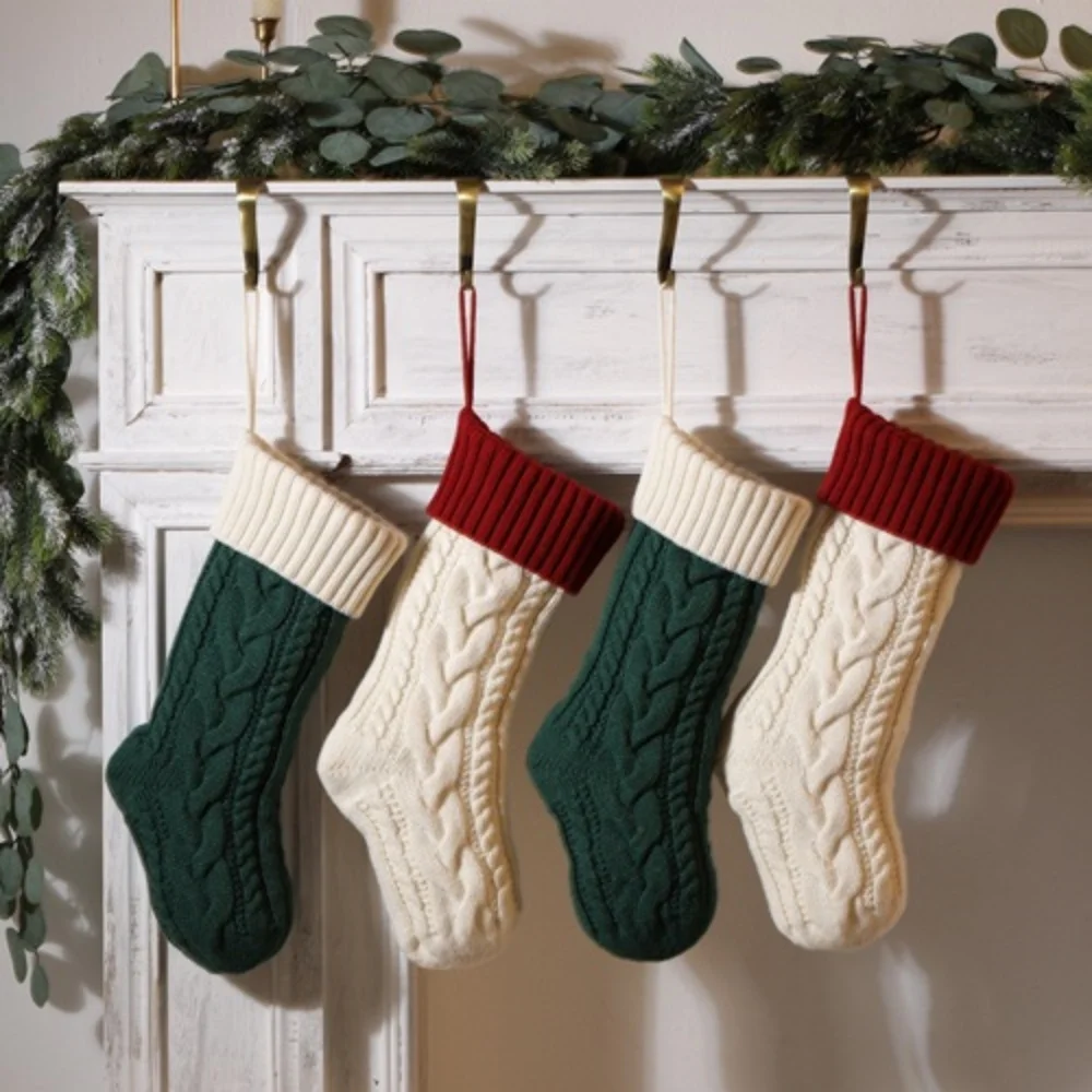 

Длинные чулки на Новый год и Рождество, вязаные Лоскутные вместительные рождественские подарки, подвесные украшения в виде Санты, искусственной елки